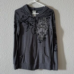 Vocal Gray Zip Front Hoodie with Rhinestone Accents